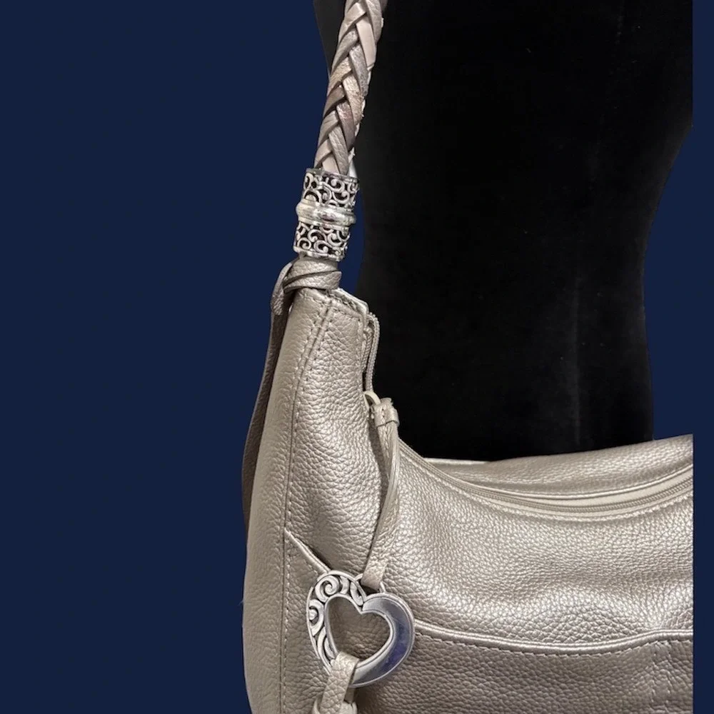 Brighton Barbados Hobo Bag Metallic Champagne Leather Heart Tassel EUC